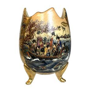 Vintage Hand Painted Satsuma Egg Shell Vase with Gold Trim Japanese Boat Scene